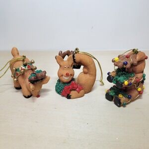 Set of‎ 3 Vintage Christmas Reindeer Ornaments Holiday Decor Decorations